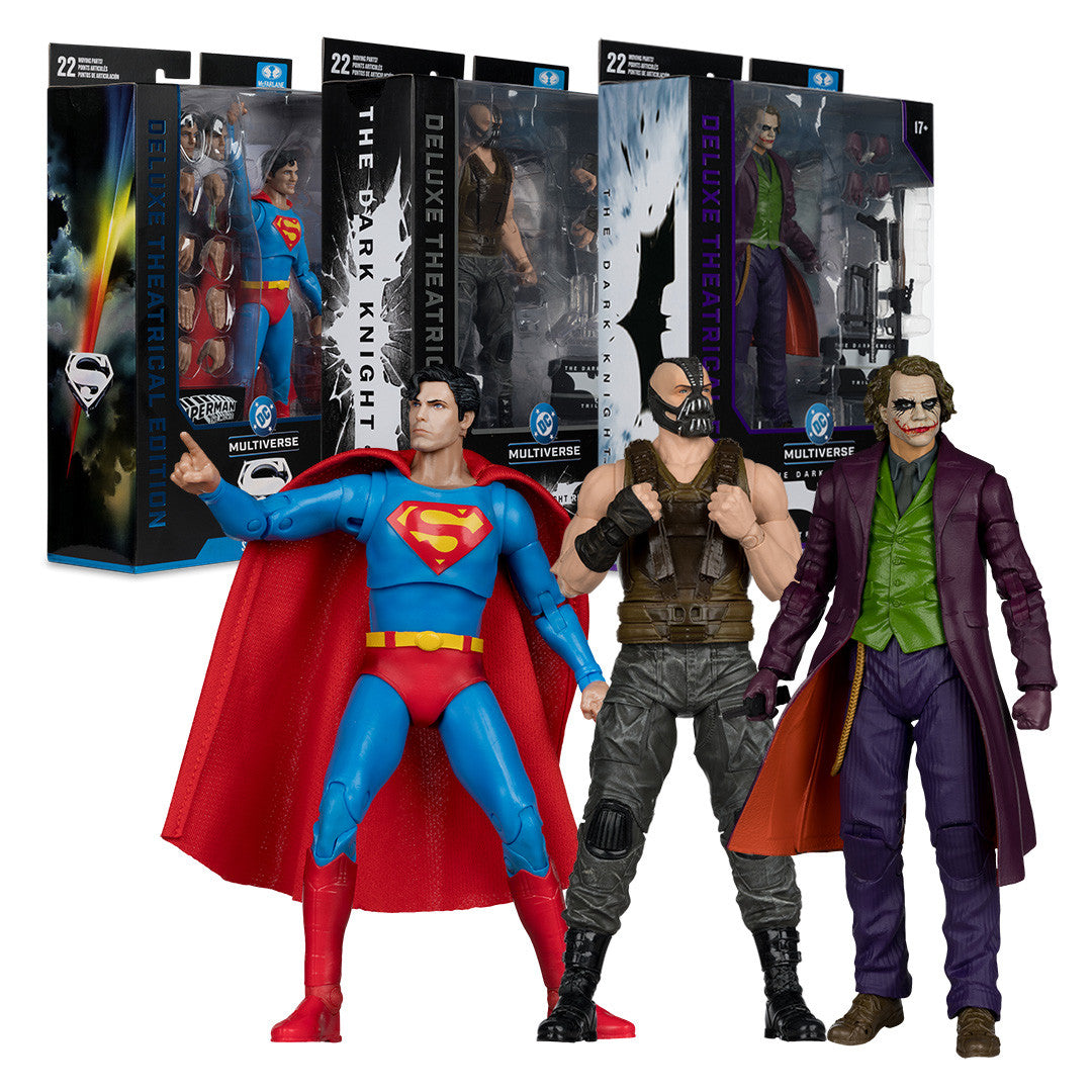 Superman (Superman: The Movie 1978)/Bane/The Joker (The Dark Knight Triology) Deluxe Theatrical Edition Bundle (3) 7" Figures