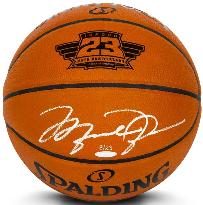 UDA MICHAEL JORDAN AUTOGRAPHED SPALDING BASKETBALL W/ 25TH ANNIVERSARY '98 CHAMP LASER ENGRAVED LOGO
