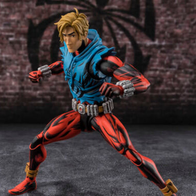 Action figure in red and blue costume with dynamic pose on textured background